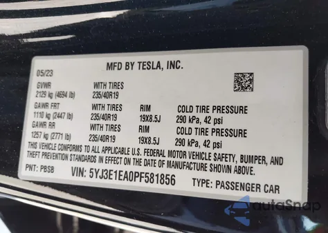 2023 Tesla Model 3 Rear-Wheel Drive z USA, uszkodzony, nr VIN 5YJ3E1EA0PF581856